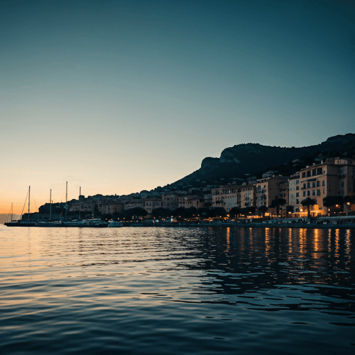Cinematic de-saturated photograph of the Mediterranean coastline and architectural silhouettes of the Côte d'Azur at dusk
